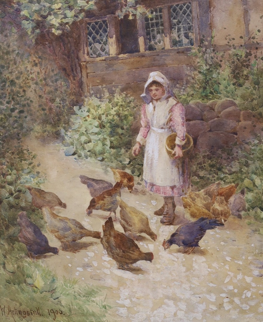 William Artingstall (fl.1882-1895), watercolour, Girl feeding chickens, signed and dated 1900, 28 x 23cm